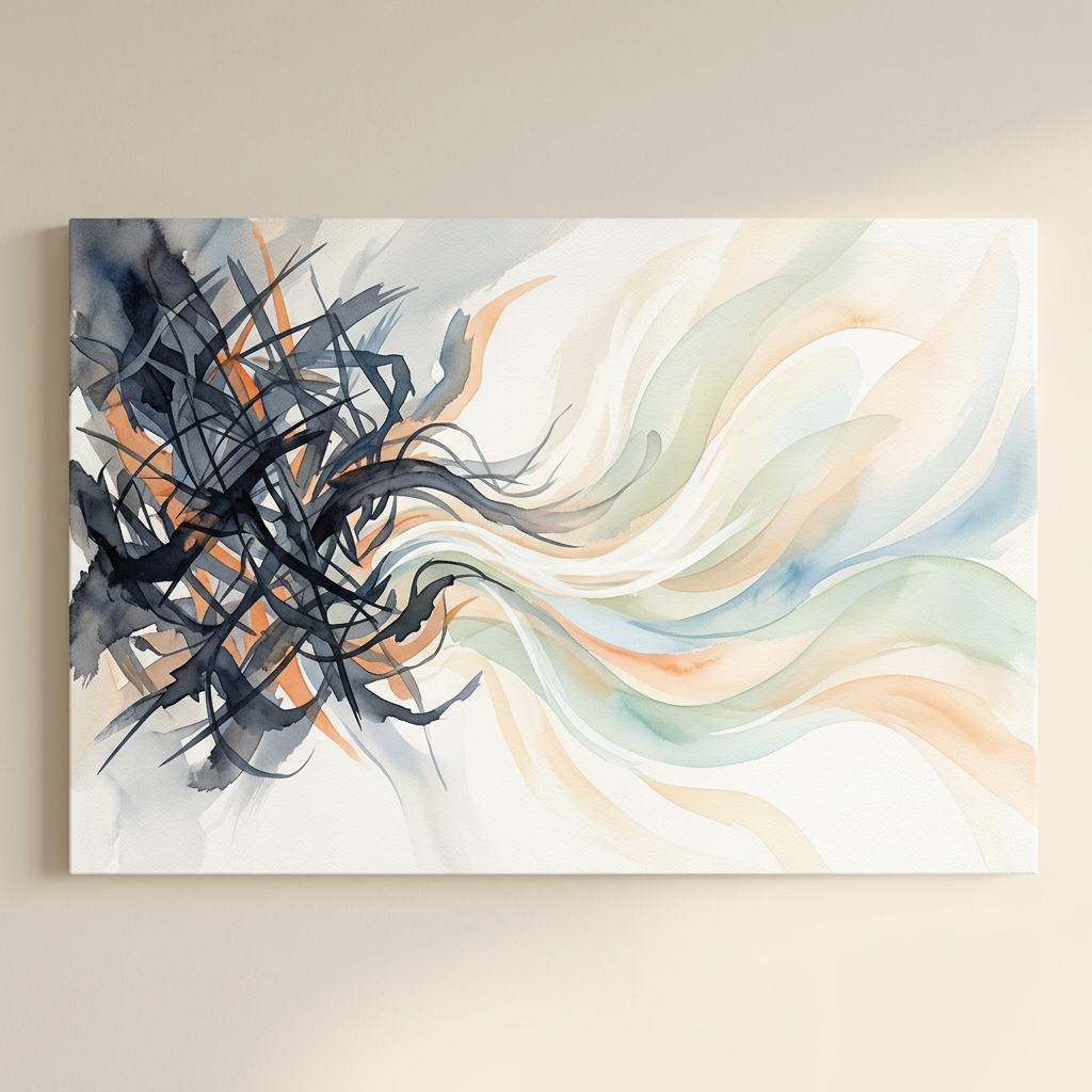 Abstract watercolor with dark angular shapes on left and flowing pastel-colored waves on right