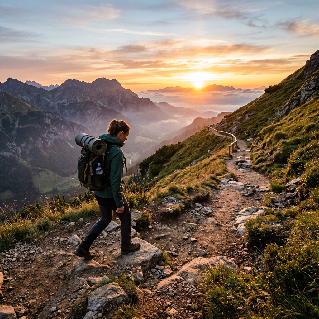 Hiker with backpack walking on a rocky mountain trail at sunrise